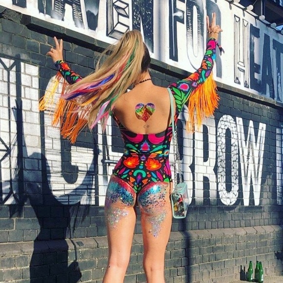 LOM Rainbow Black Fringe Sleeve Rave Bodysuit - XS - Picture 2 of 7